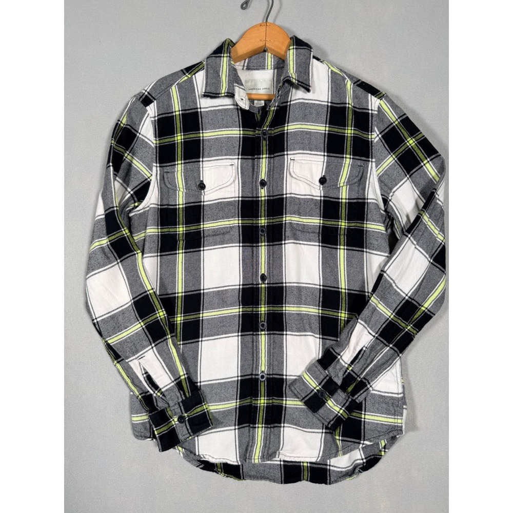 American Eagle Classic Fit Plaid Flannel Shirt Fall Lumberjack Black Neon Yellow